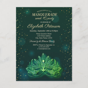 Invitation Carte Postale Masquerade, Confetti Stars Green Masque Sweet 16