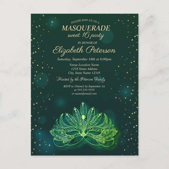 Invitation Carte Postale Masquerade, Confetti Stars Green Masque Sweet 16 (Devant)