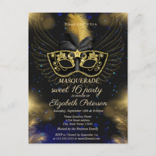 Invitation Carte Postale Masquerade Gold brillant Sweet 16