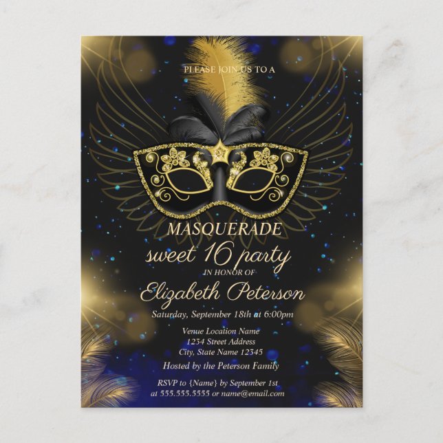 Invitation Carte Postale Masquerade Gold brillant Sweet 16 (Devant)