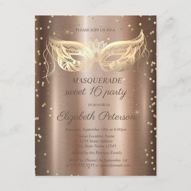 Invitation Carte Postale Masquerade Gold Diamonds Copper Sweet 16  (Devant)