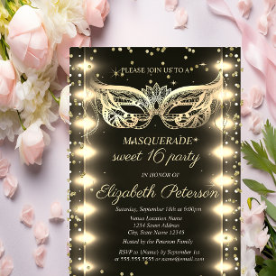 Invitation Carte Postale Masquerade Gold Diamonds Lights Sweet 16