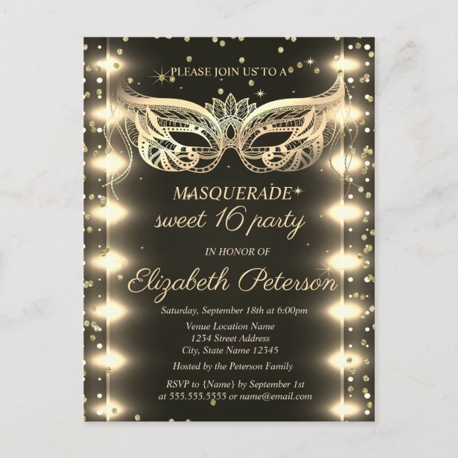 Invitation Carte Postale Masquerade Gold Diamonds Lights Sweet 16 (Devant)