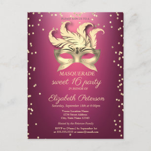 Invitation Carte Postale Masquerade Gold Diamonds,Masque,Purple Sweet 16 be
