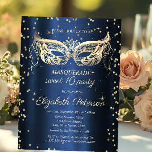 Invitation Carte Postale Masquerade Gold Diamonds Navy Blue Sweet 16 