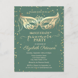 Invitation Carte Postale Masquerade Gold Diamonds Vert Quinceañera