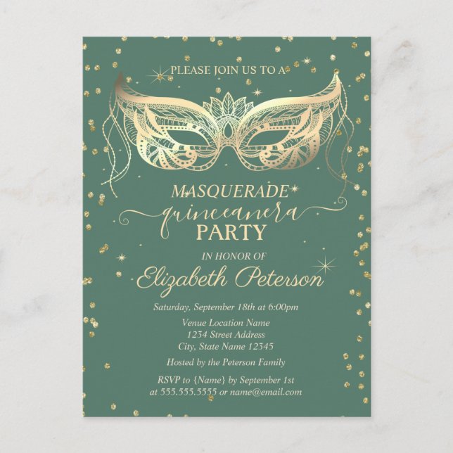 Invitation Carte Postale Masquerade Gold Diamonds Vert Quinceañera (Devant)