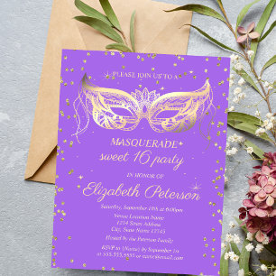 Invitation Carte Postale Masquerade Gold Diamonds Violet Sweet 16 