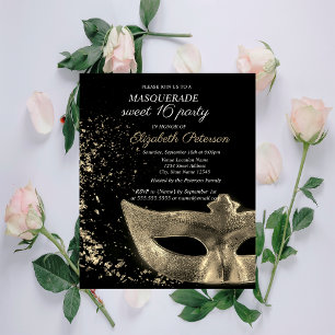 Invitation Carte Postale Masquerade Gold Masque Noir Sweet 16