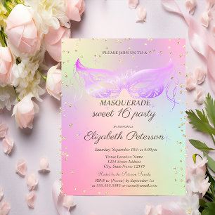 Invitation Carte Postale Masquerade Or Diamants Holographique Sweet 16