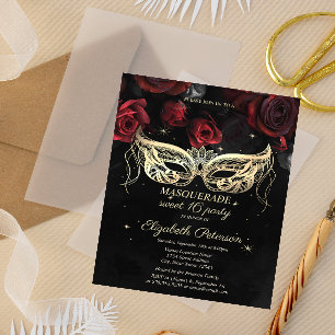 Invitation Carte Postale Masquerade Red Roses gothique Sweet 16