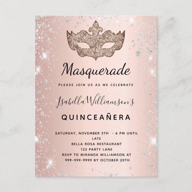 Invitation Carte Postale Masquerade rose or argent parties scintillant Quin (Devant)