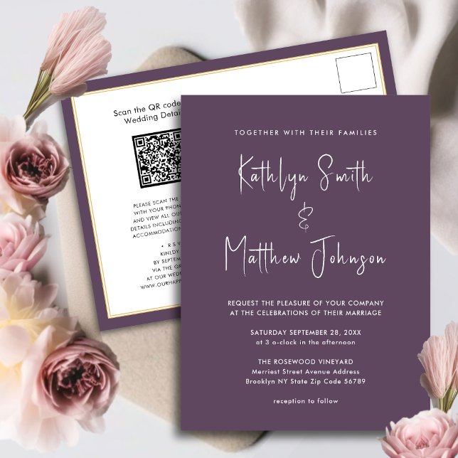 Invitation Carte Postale Mauve QR Code Tout en un Mariage de script moderne (Créateur téléchargé)