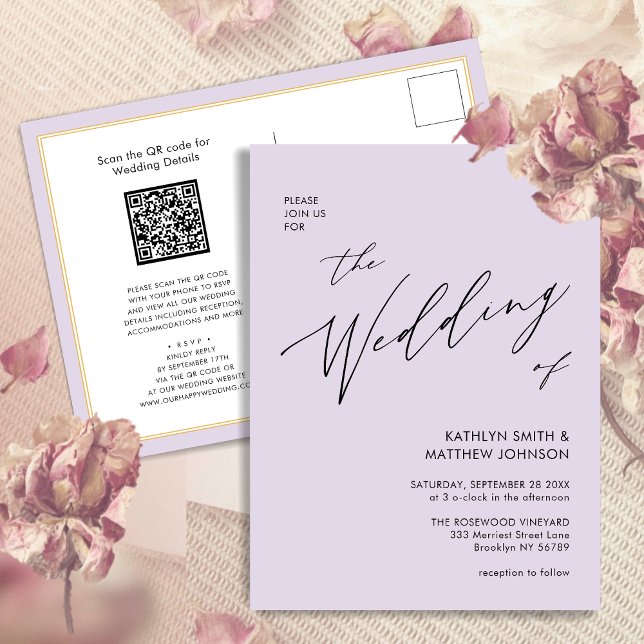 Invitation Carte Postale Mauve QR Code Tout en un Mariage de script moderne (Créateur téléchargé)