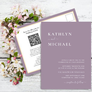 Invitation Carte Postale Mauve violet QR Code Tout en un Mariage moderne
