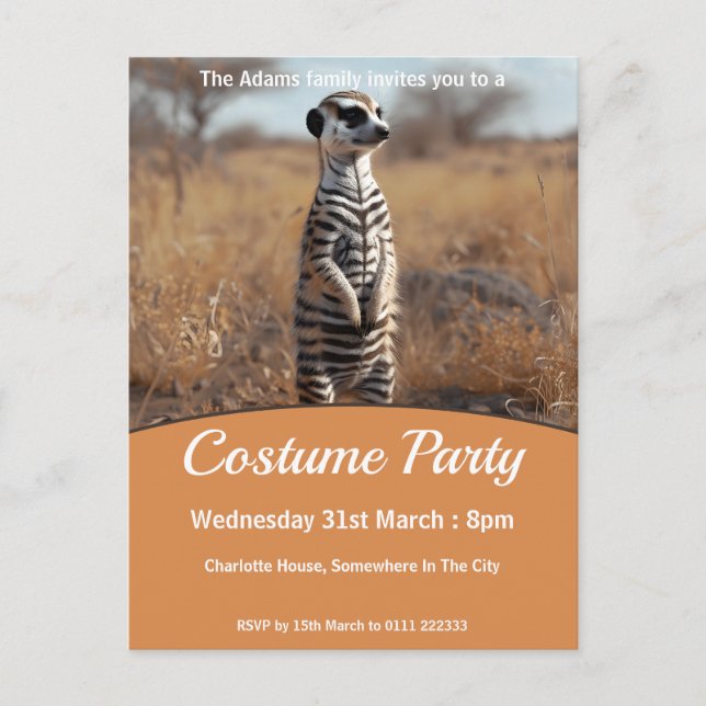 Invitation Carte Postale Meerkat In Zebra Disdéguisement Costume Party (Devant)
