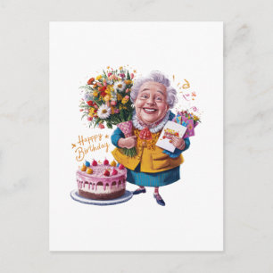 Invitation Carte Postale Mémé à vélo avec gâteau et ballons