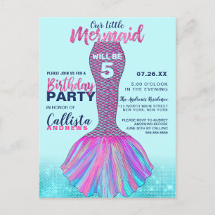 Invitation Carte Postale Menthe bleu rose Mermaid Parties scintillant de la