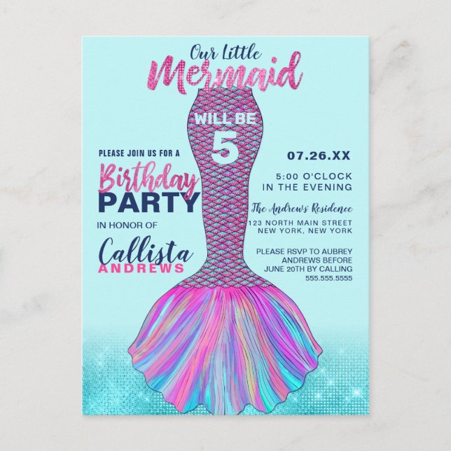 Invitation Carte Postale Menthe bleu rose Mermaid Parties scintillant de la (Devant)