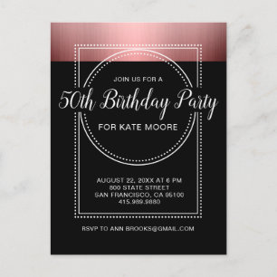 Invitation Carte Postale Métallic Rose Gold sur Black 50e anniversaire