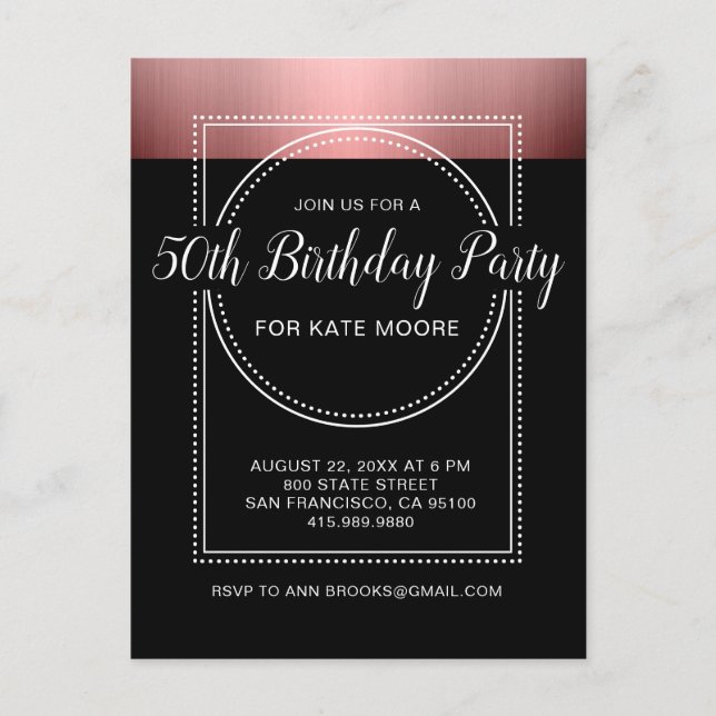 Invitation Carte Postale Métallic Rose Gold sur Black 50e anniversaire (Devant)