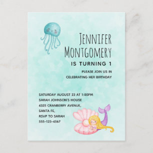 Invitation Carte Postale Mignonne sirène sous l'aquarelle de mer Anniversai