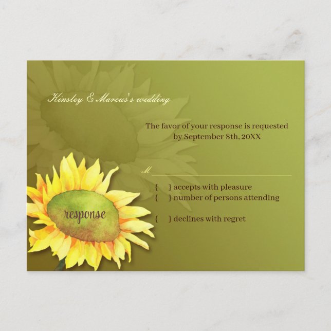 Invitation Carte Postale Mignonne Tournesol Olive Mariage vert RSVP (Devant)