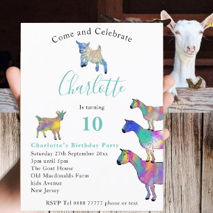 Invitation Carte Postale Mignons Chèvres Animaux Colorés Art Fête d'anniver