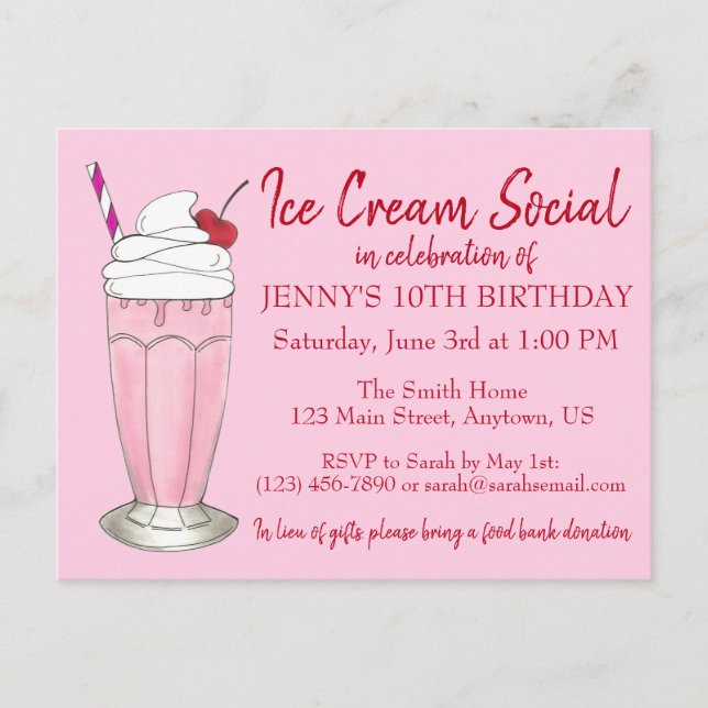 Invitation Carte Postale Milkshake rose Crème de glace Social Anniversaire (Devant)