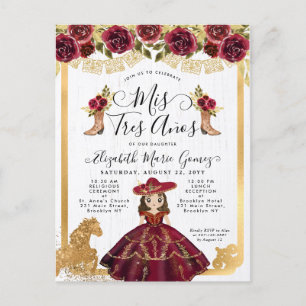Invitation Carte Postale Mini princesse Quinceanera en or de Bourgogne