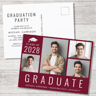 Invitation Carte Postale Minimal moderne 4 Photo Burgundy Graduation Party