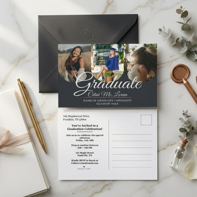 Invitation Carte Postale Minimalisme Moderne Photo de Calligraphie d'Arc de (Modern Minimalist Arch Calligraphy Photo Graduation Announcement Postcard)