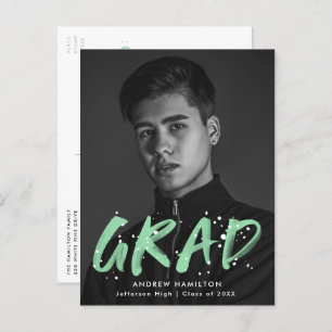 Invitation Carte Postale Mint Green Paint Splatter Photo Graduation Party