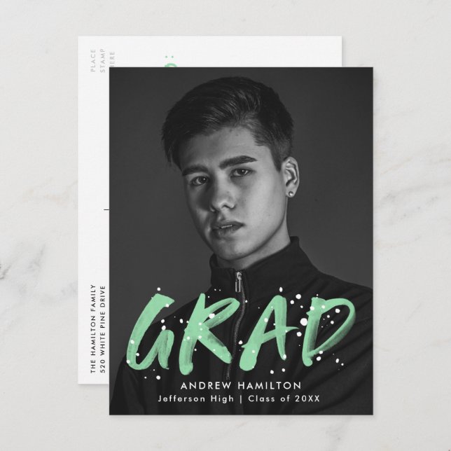 Invitation Carte Postale Mint Green Paint Splatter Photo Graduation Party (Devant / Derrière)