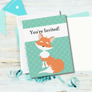 Invitation Carte Postale Mint Green Polka-Dots ・ Woodland Fox ・ Custom