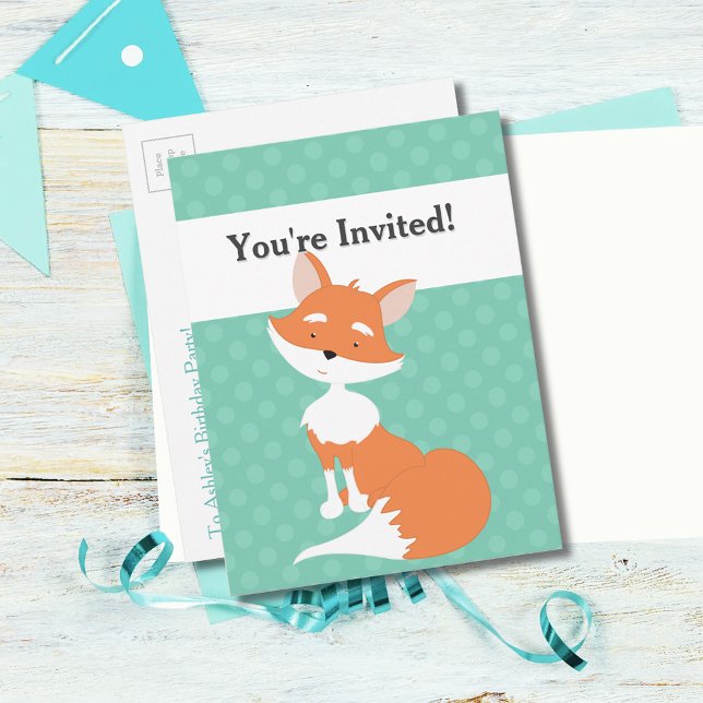 Invitation Carte Postale Mint Green Polka-Dots ・ Woodland Fox ・ Custom (Créateur téléchargé)