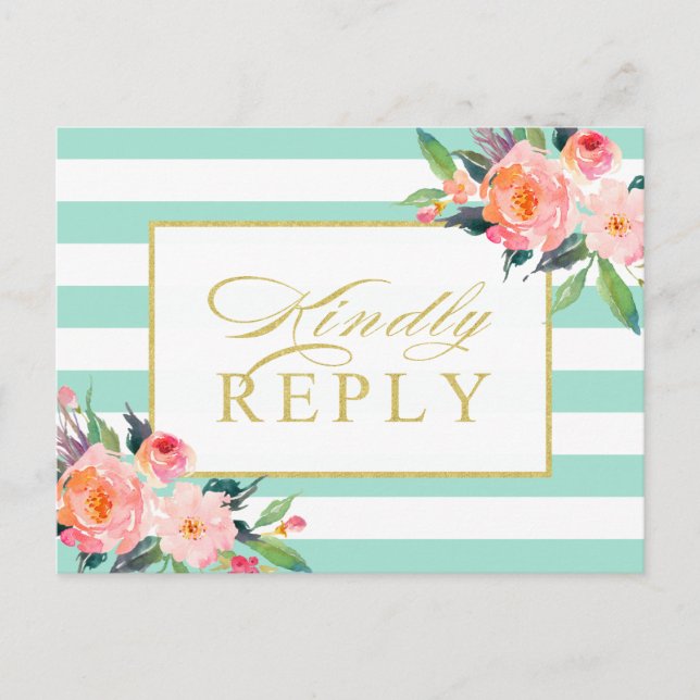 Invitation Carte Postale Mint Green Stripes Floral Gold Wedding RSVP (Devant)