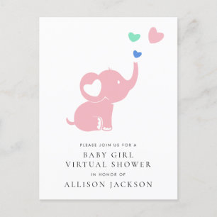 Invitation Carte Postale Minuscule Eléphant Rose Bébé Fille Douche Virtuell