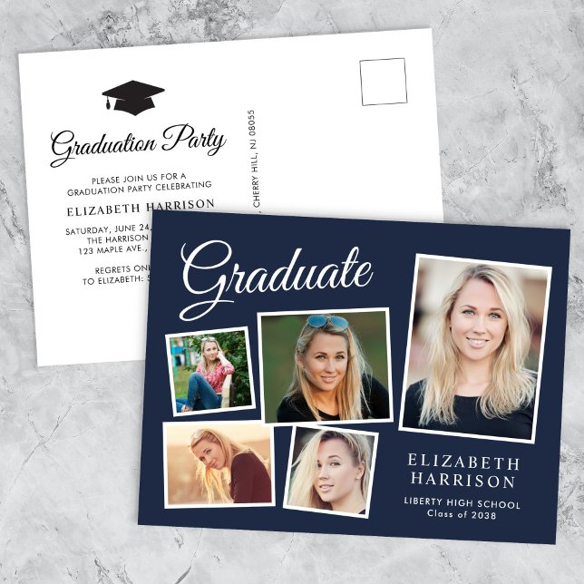 Invitation Carte Postale Modern 5 Photo Collage Blue Graduation Party (A personalized photo graduation party invitation to celebrate the graduate's achievements)