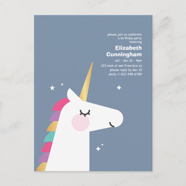 Invitation Carte Postale Modern Cute Rainbow Unicorn fête d'anniversaire (Devant)
