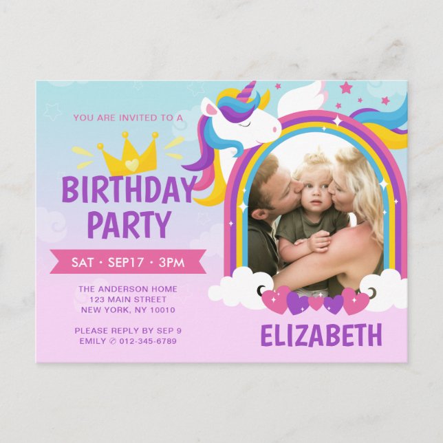 Invitation Carte Postale Modern Cute Rainbow Unicorn Photo Anniversaire (Devant)