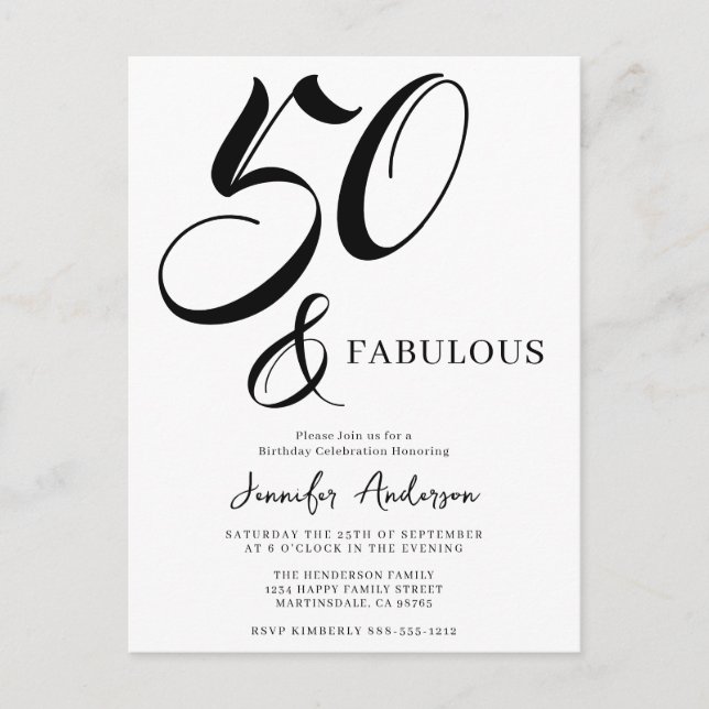 Invitation Carte Postale Modern Elegant Black White Fifty Fabulous Birthday (Devant)