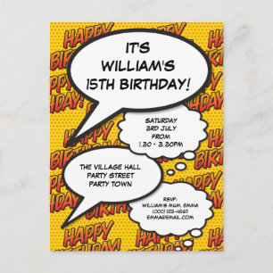 Invitation Carte Postale Modern Fun Happy Birthday Party Comic Book