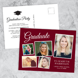 Invitation Carte Postale Modern Photo Collage Burgundy Graduation Party
