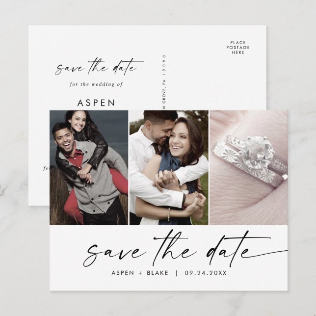 Invitation Carte Postale Modern Script 3 Photo Enregistrer la date (Devant / Derrière)
