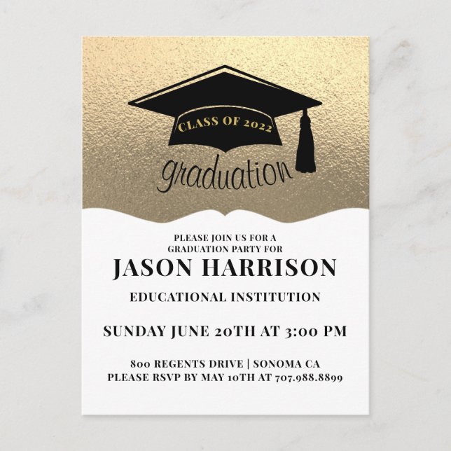 Invitation Carte Postale Modern Simple 2022 Platinum Gold Graduation Party (Devant)