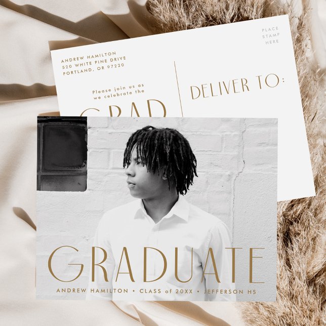 Invitation Carte Postale Modern Simplicity Brass Photo Graduation Party (Créateur téléchargé)