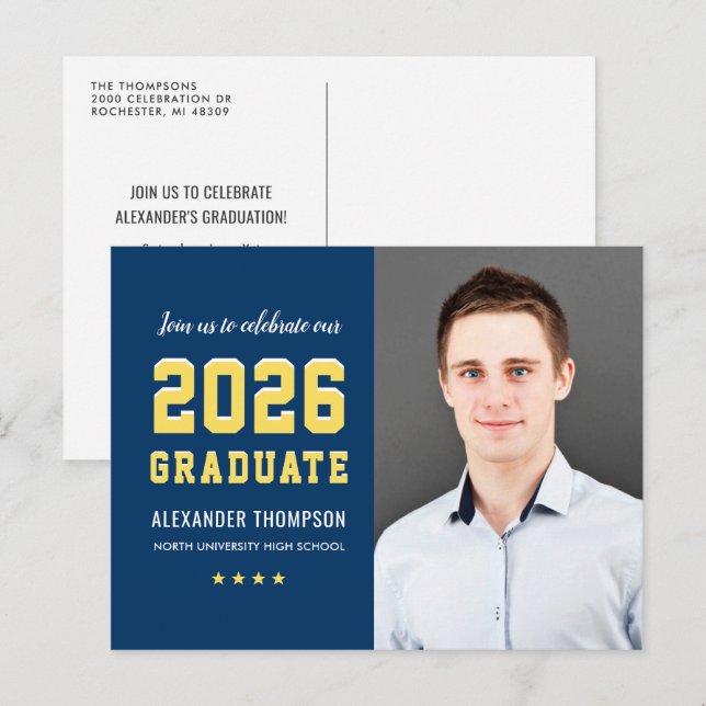 Invitation Carte Postale Moderne 2025 Graduate Navy Jaune Photo Graduation (Devant / Derrière)