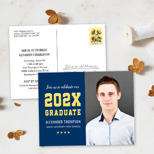 Invitation Carte Postale Moderne 2025 Graduate Navy Jaune Photo Graduation