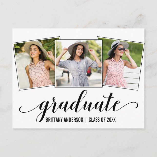 Invitation Carte Postale Moderne 3 Photo Calligraphy Graduation Party (Devant)